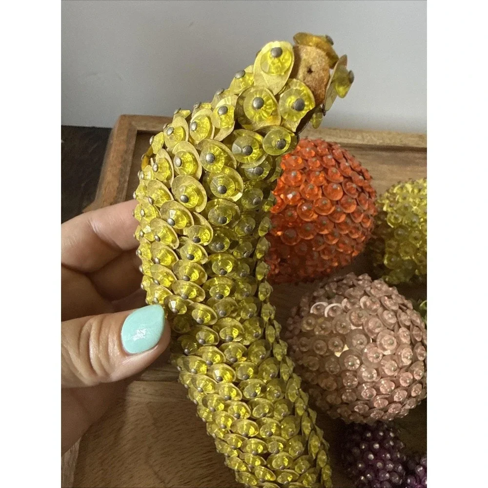 Vintage Mid-Century Modern Push Pin Beaded Sequin Fruit Centerpiece Set of 16